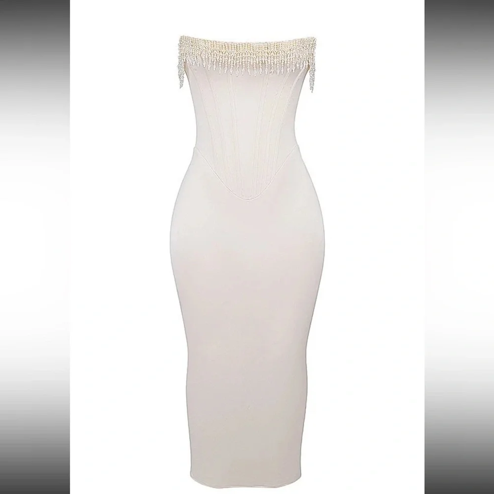 House of CB Nalita Vintage Cream Embellished Strapless Dress/Size M-US 6-8 - Picture 3 of 13